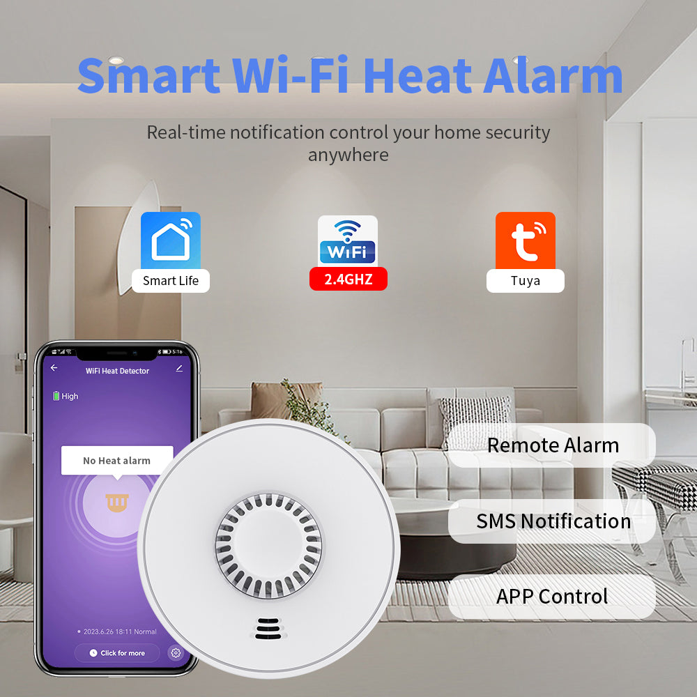 WiFi Smart Heat Detector with Tuya App Control, 2.4GHz WiFi Heat Alarm with Sealed 10-Year Battery, VH01W