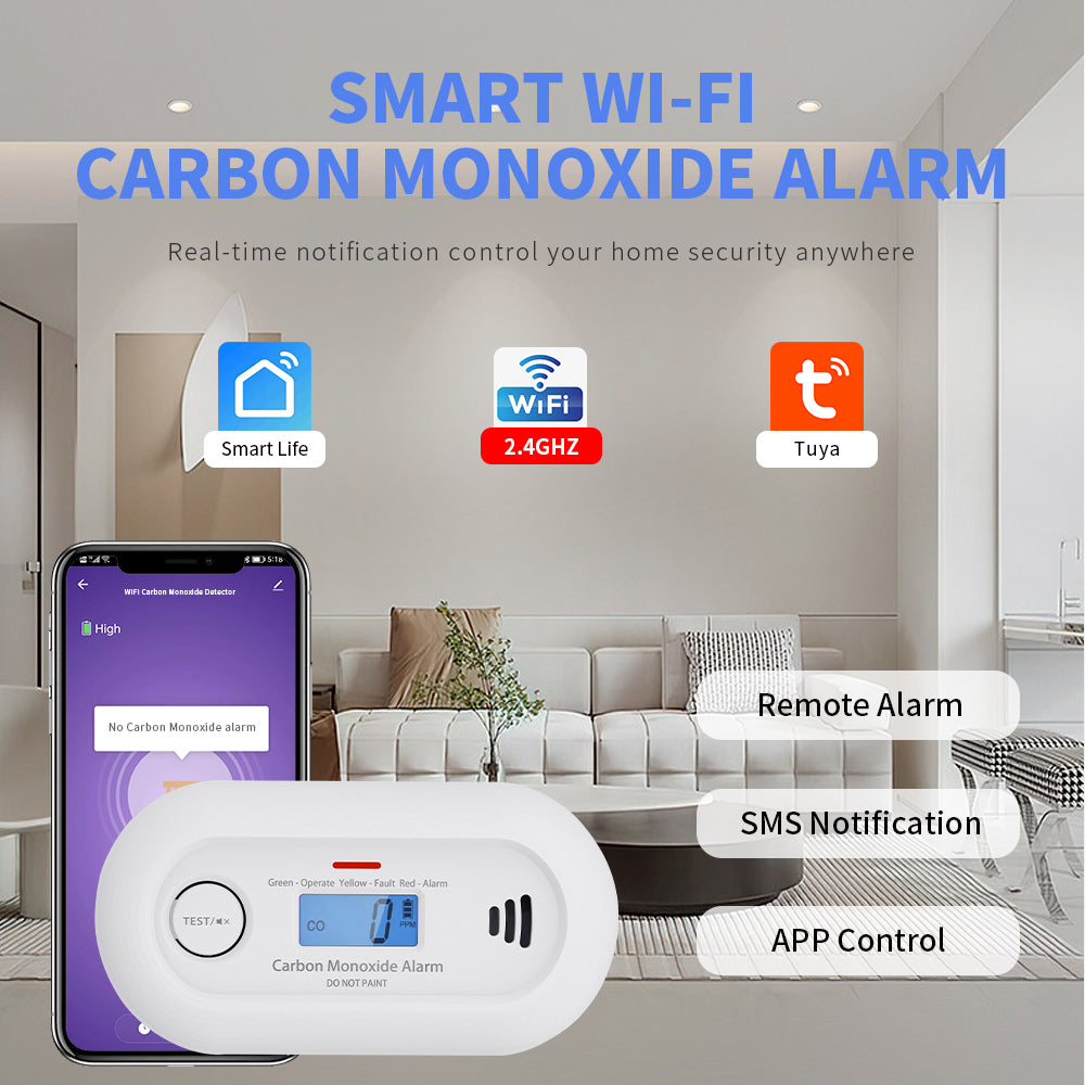 Wi-Fi Smart CO Detector with Tuya APP Control, WiFi Carbon Monoxide Alarm with long-life Li-Battery, EN50291/CE VC21W
