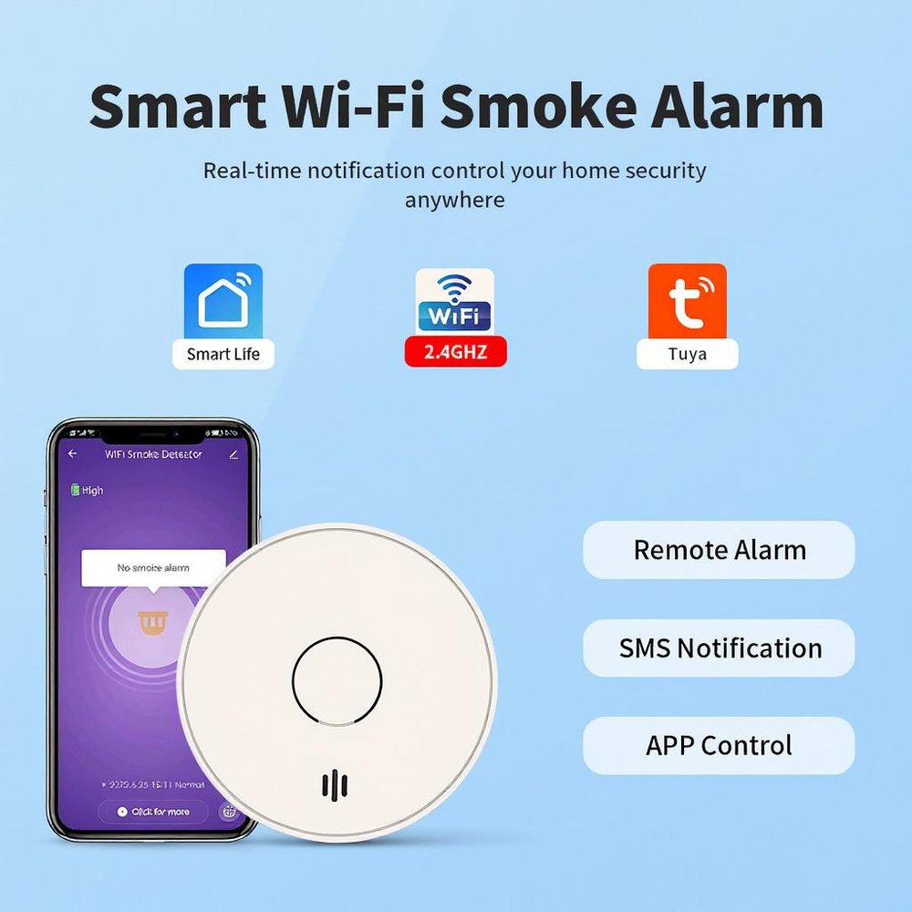 WiFi Smart Smoke Detector with Tuya App control, Wi-Fi Smoke Alarm with Sealed 10-Year Li-Battery, CE EN 14604, VS02W