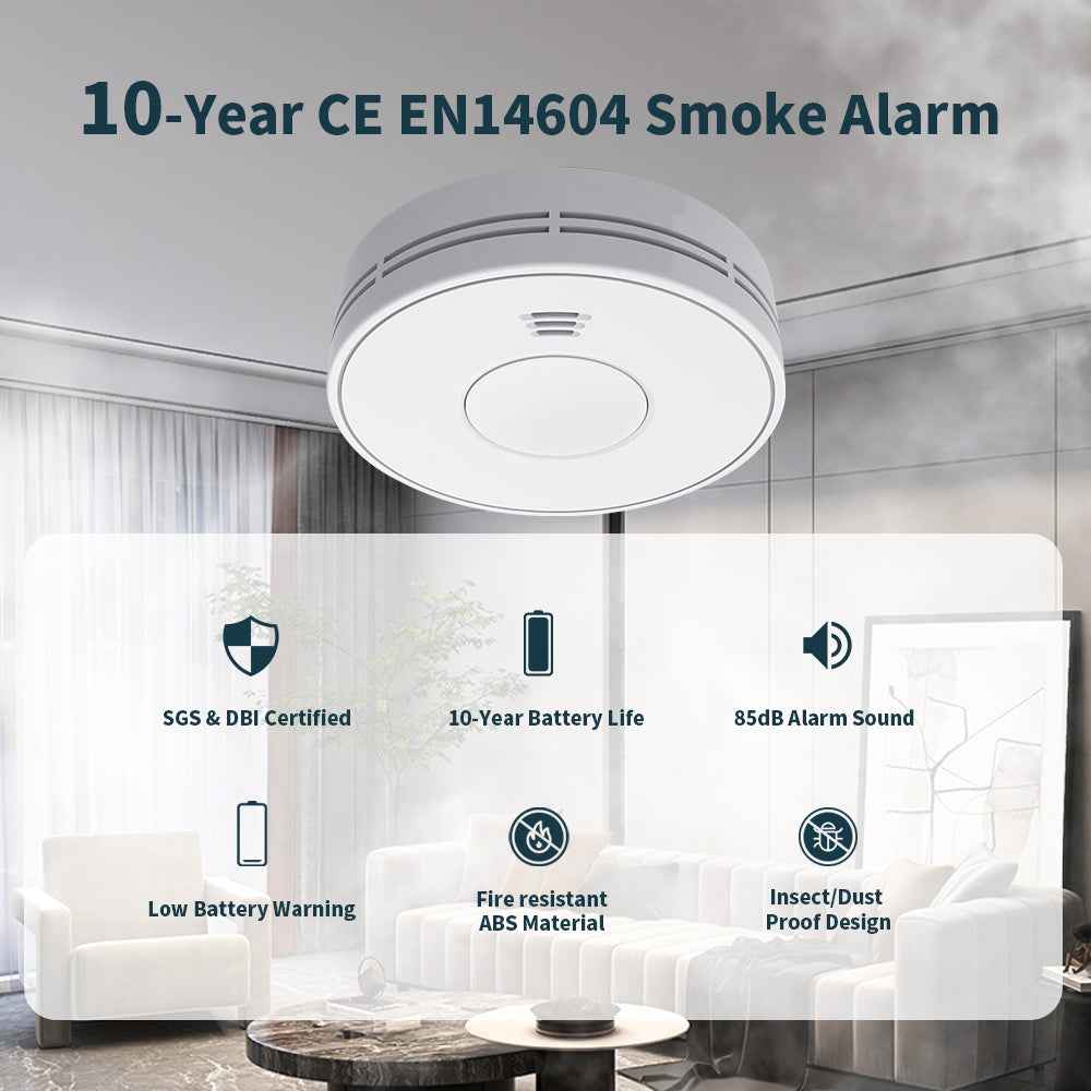 Wireless Interlinked Smoke Alarm 10 Years Battery Interconnected Smoke Detector with LED Indicator & Silence Button VS01F