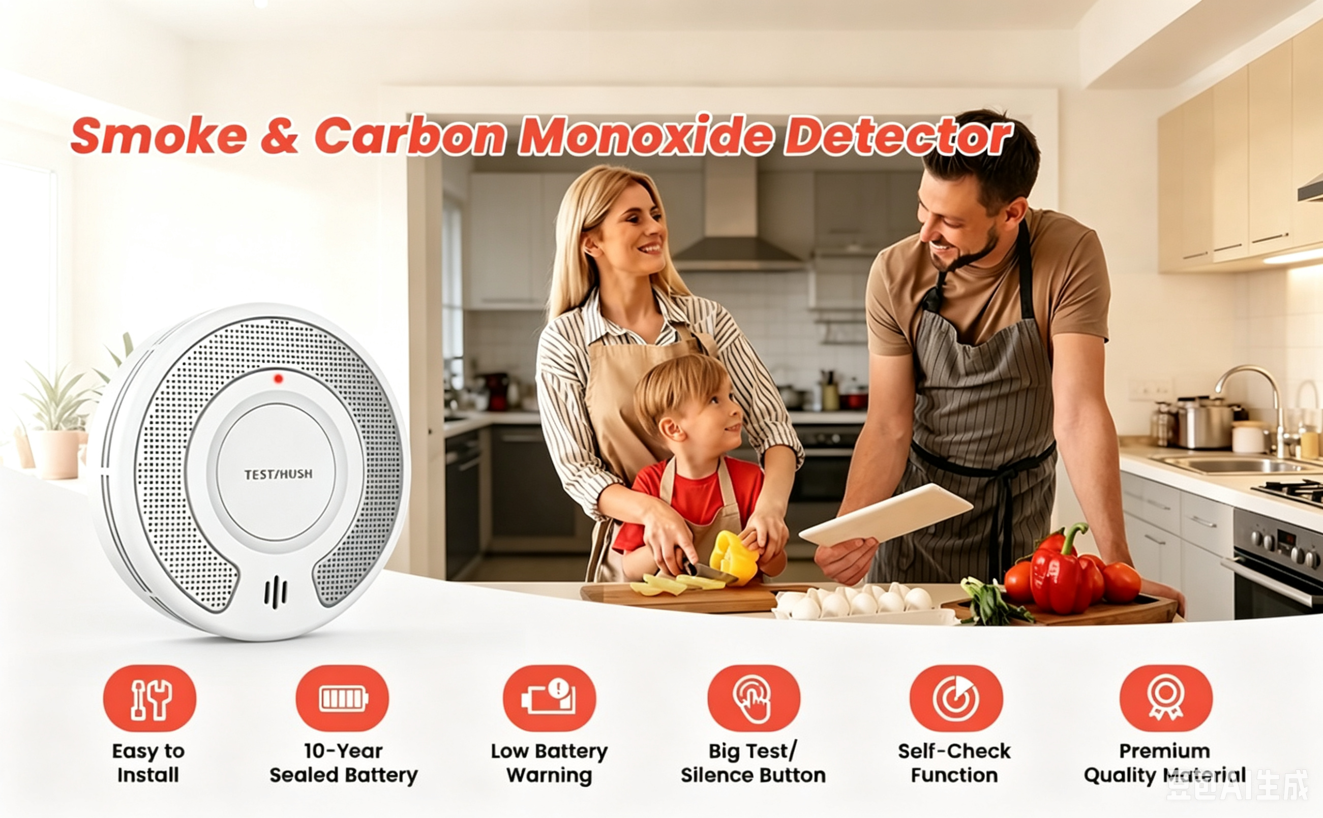 Combo Smoke and Carbon Monoxide Detector , 10-Year Battery Smoke Alarm CO Detector with Large Test/Silence Button, Adhesive or Screw Installation, VSC03