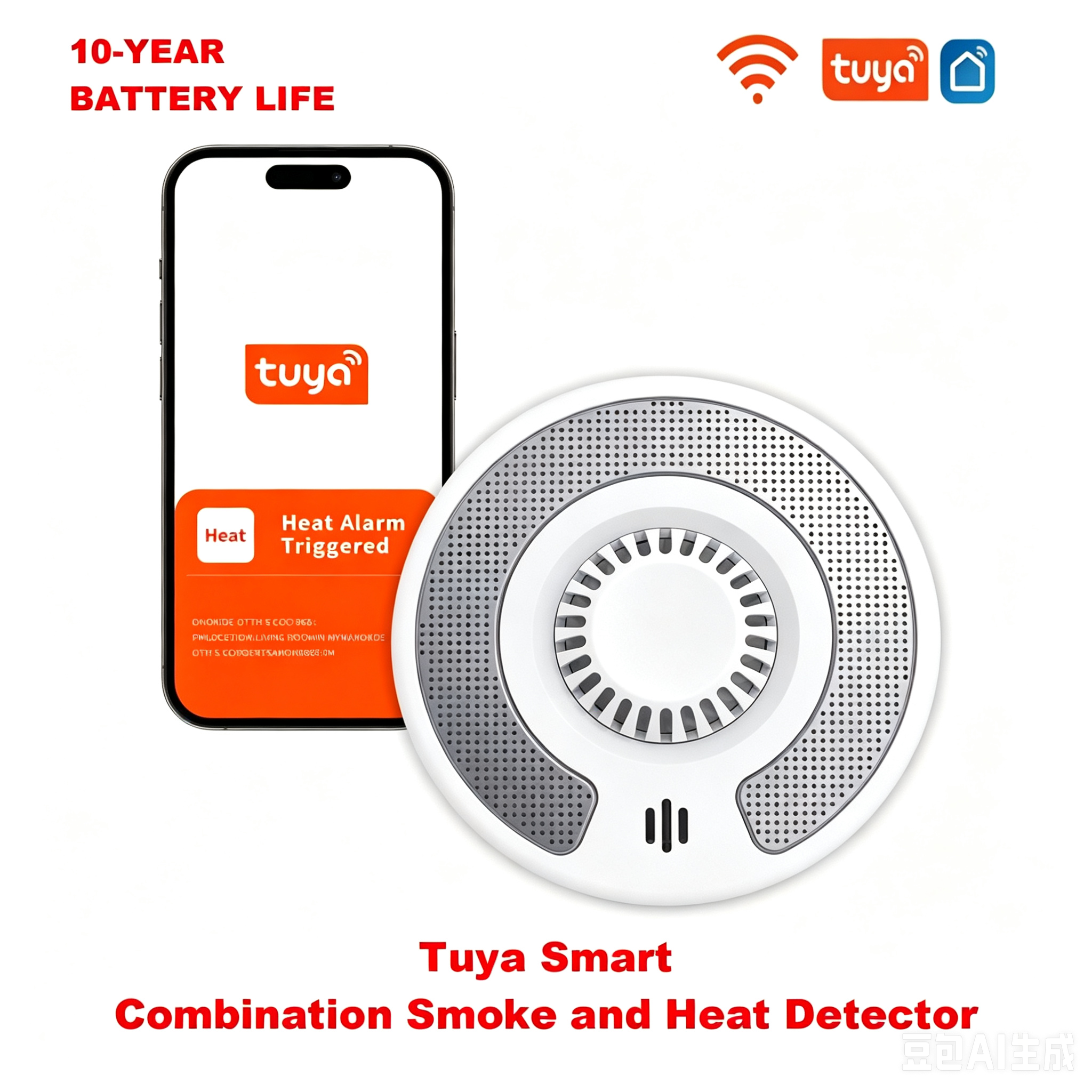 Combination Smoke and Heat Detector with Tuya App control/2.4GHz WiFi, 2 in 1 Dual Sensor Fire Alarm with 10 years sealed battery, VSH03W