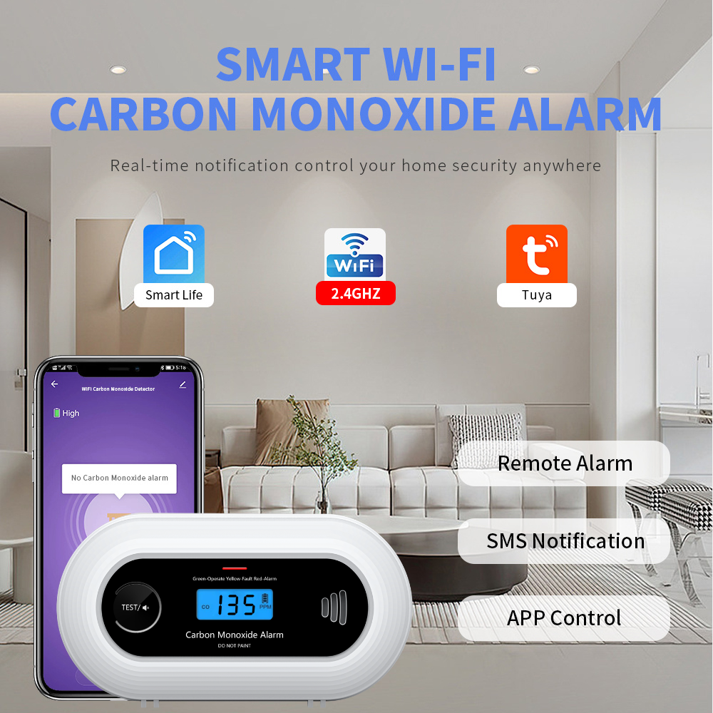 Wi-Fi Smart CO Detector with Tuya APP Control, WiFi Carbon Monoxide Alarm with long-life Li-Battery, EN50291/CE VC21W