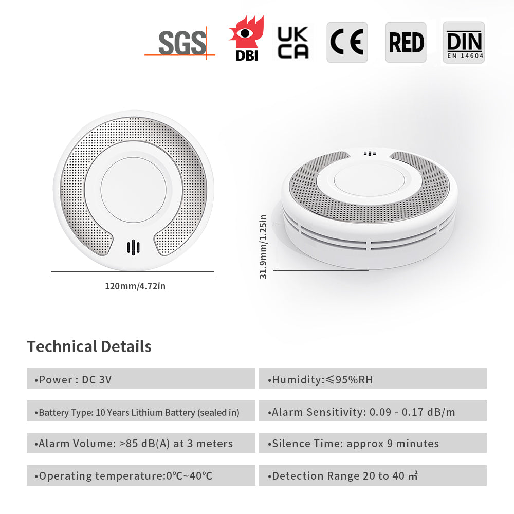 Standalone Smoke Detector with 10-Year Lithium Battery, Photoelectric Smoke Alarm, CE, UKCA, DIN EN 14604, VS03