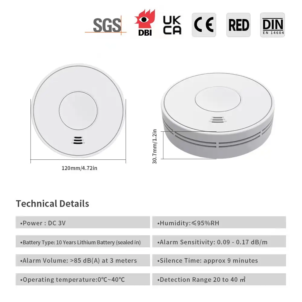 Standalone Smoke Detector with 10-Year Lithium Battery, Photoelectric Smoke Alarm, CE, UKCA, DIN EN 14604, VS01