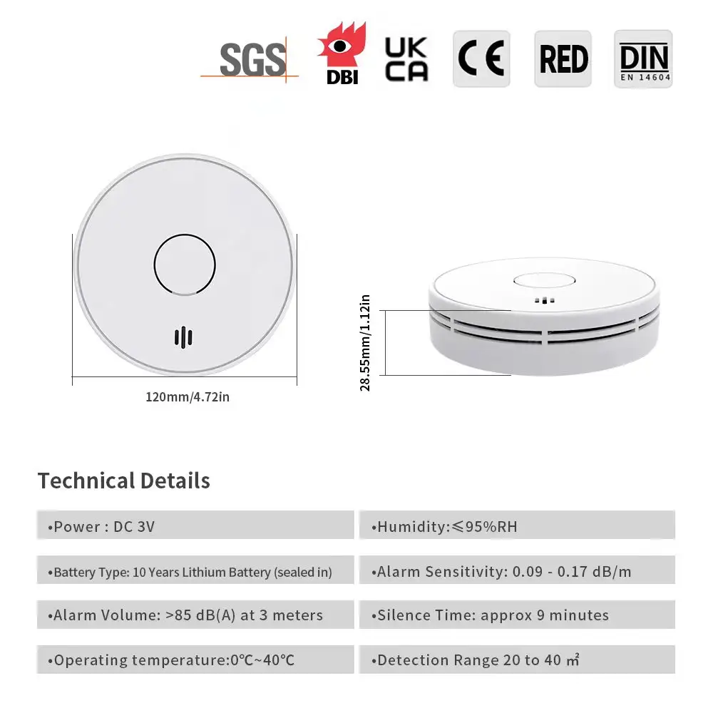 Standalone Smoke Detector with 10-Year Lithium Battery, Photoelectric Smoke Alarm, CE, UKCA, DIN EN 14604, VS02