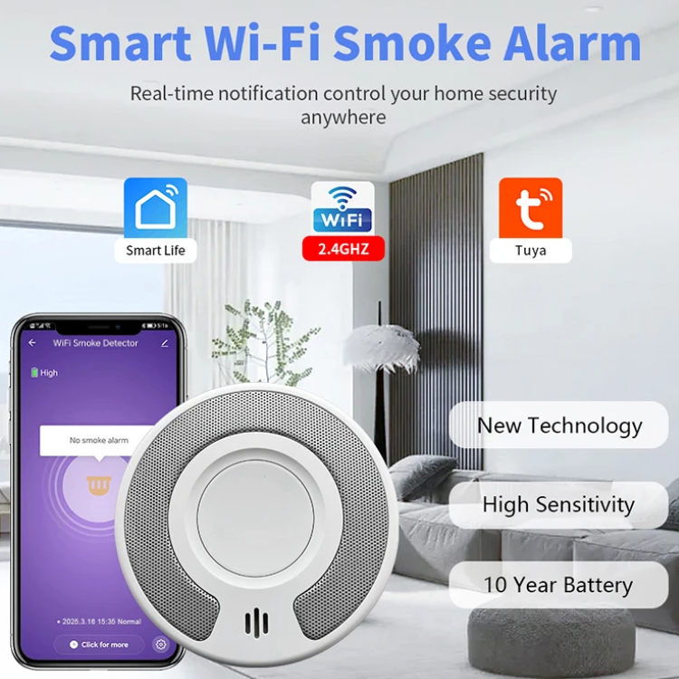 WiFi Smart Smoke Detector with Tuya App control, Wi-Fi Smoke Alarm with Sealed 10-Year Li-Battery, CE EN 14604, VS03W（副本）