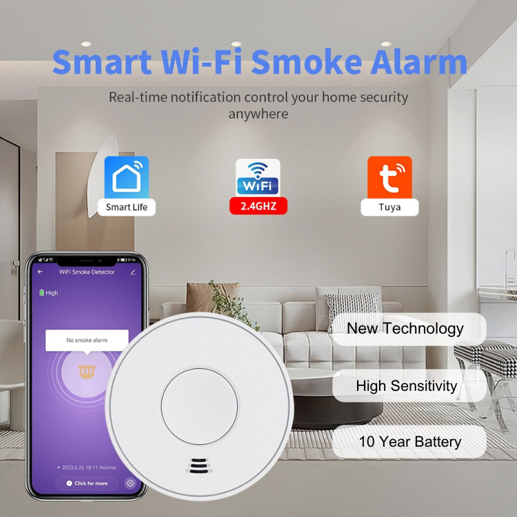 WiFi Smart Smoke Detector with Tuya App control, Wi-Fi Smoke Alarm with Sealed 10-Year Li-Battery, CE EN 14604, VS01W（副本）