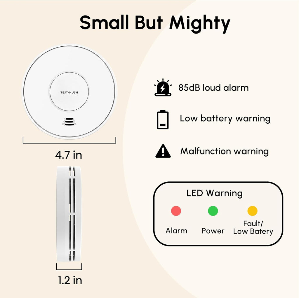 Combination Smoke and Carbon Monoxide Alarm, 10-Year Battery Smoke Alarm CO Detector with Large Test/Silence Button, Adhesive or Screw Installation, VCS01