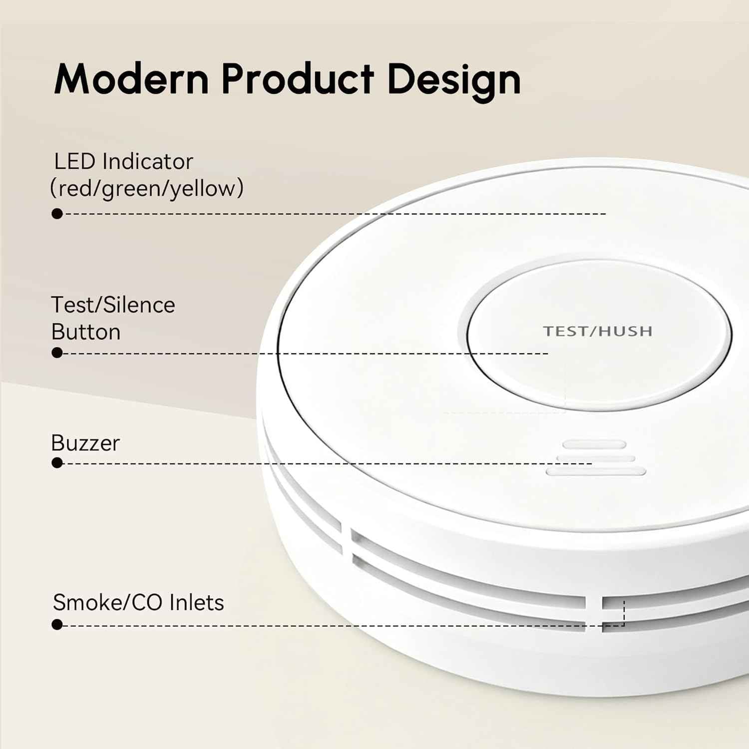 Combination Smoke and Carbon Monoxide Alarm, 10-Year Battery Smoke Alarm CO Detector with Large Test/Silence Button, Adhesive or Screw Installation, VCS01