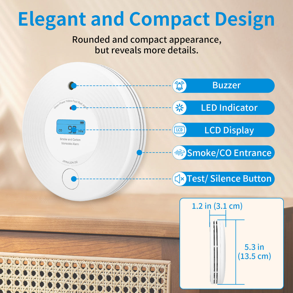 Wireless Interlinked Combo Smoke and Carbon Monoxide Detector , 10-Year Battery Smoke Alarm CO Detector VCS52F