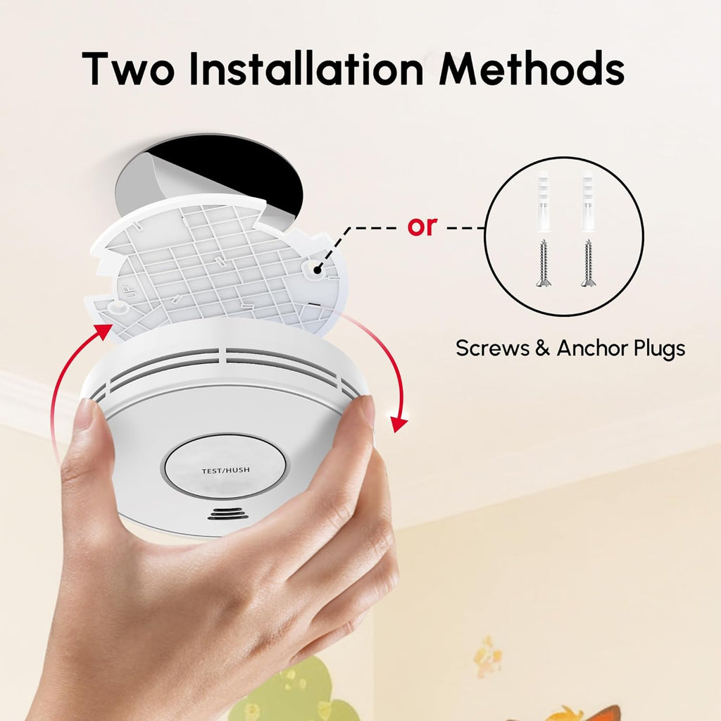 Combination Smoke and Carbon Monoxide Alarm, 10-Year Battery Smoke Alarm CO Detector with Large Test/Silence Button, Adhesive or Screw Installation, VCS01