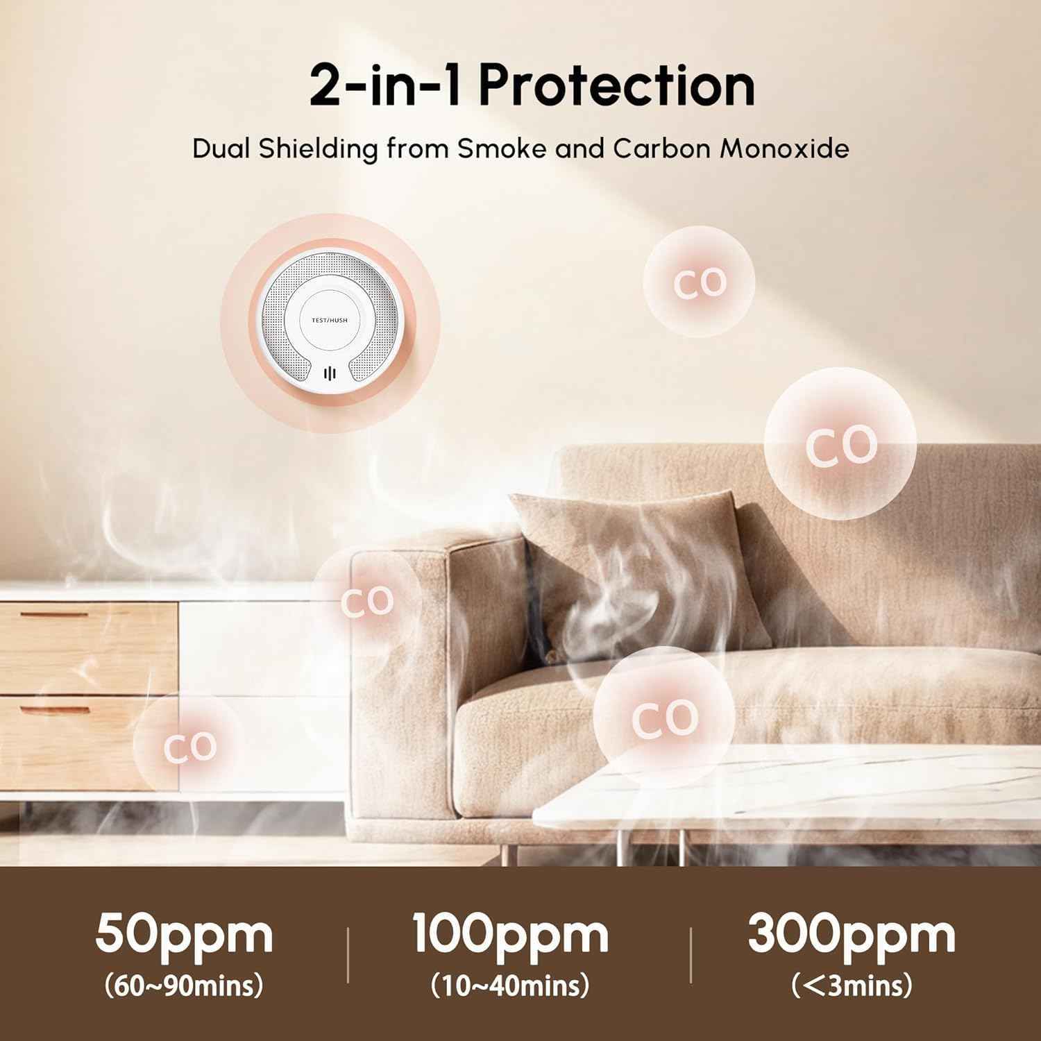 Combo Smoke and Carbon Monoxide Detector , 10-Year Battery Smoke Alarm CO Detector with Large Test/Silence Button, Adhesive or Screw Installation, VSC03（副本）
