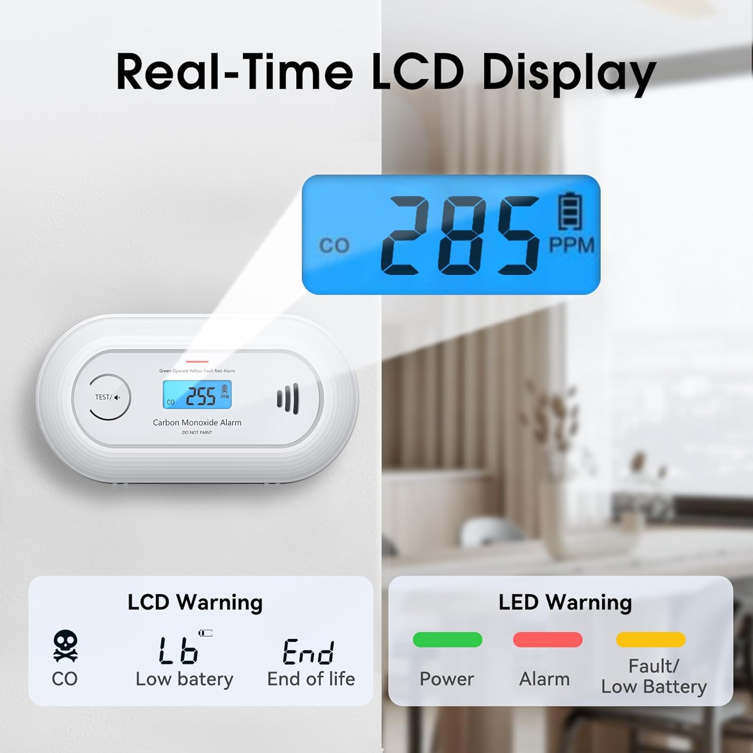 Carbon Monoxide Alarm with Digital LCD Display and Test Button, CO Detector with 10-Year Life Battery, EN 50291, VC21（副本）