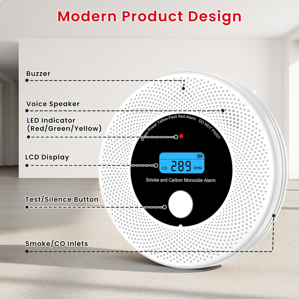 Combo Smoke and Carbon Monoxide Detector , 10-Year Battery Smoke Alarm CO Detector with Voice Alert VCS62