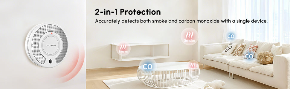 Combo Smoke and Carbon Monoxide Detector , 10-Year Battery Smoke Alarm CO Detector with Large Test/Silence Button, Adhesive or Screw Installation, VSC03