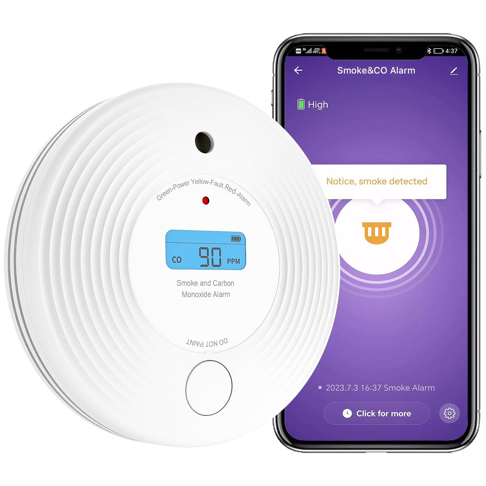 Smart Wifi Smoke & Carbon Monoxide Detector Combination Alarms with 10 Years Battery life VCS52W