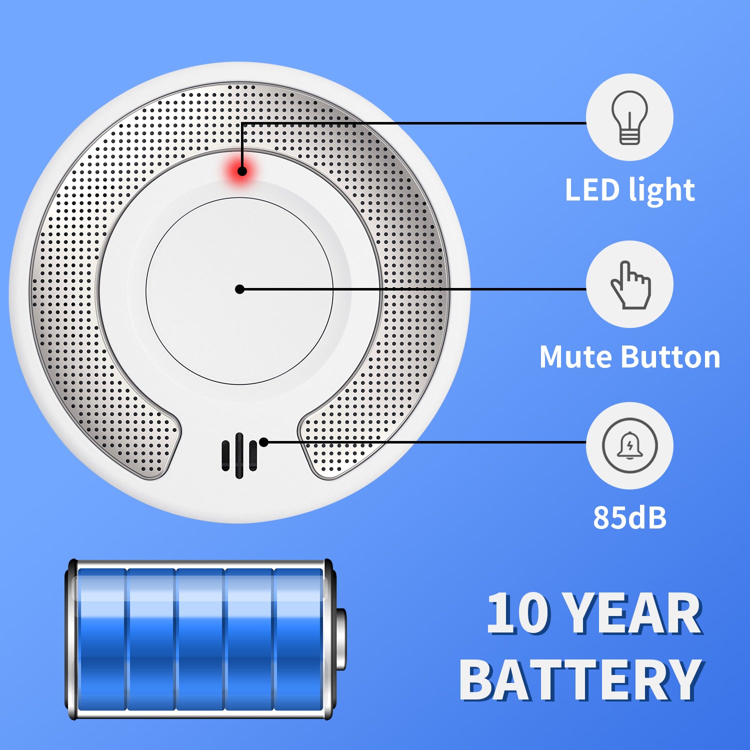 Standalone Smoke Detector with 10-Year Lithium Battery, Photoelectric Smoke Alarm, CE, UKCA, DIN EN 14604, VS03