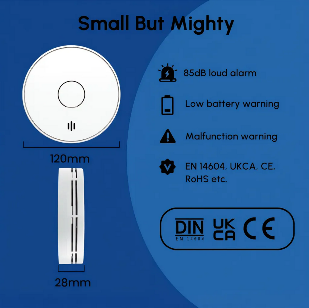 Standalone Smoke Detector with 10-Year Lithium Battery, Photoelectric Smoke Alarm, CE, UKCA, DIN EN 14604, VS02